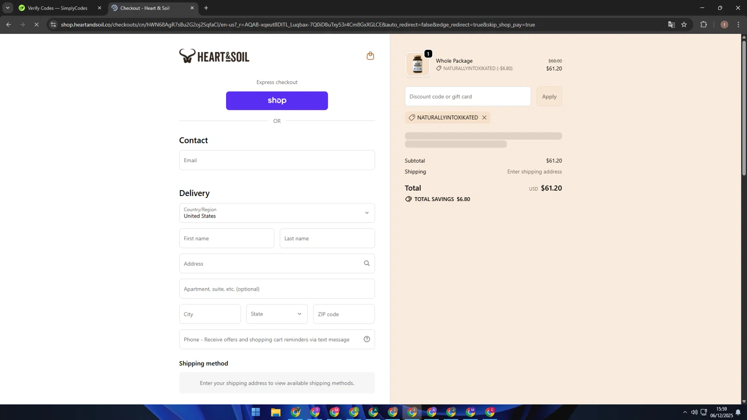 Heart & Soil promo code screenshot showing code NATURALLYINTOXIKATED applied at Heart & Soil checkout page. Uploaded by SimplyCodes community member Kaizen on Dec 6, 2025