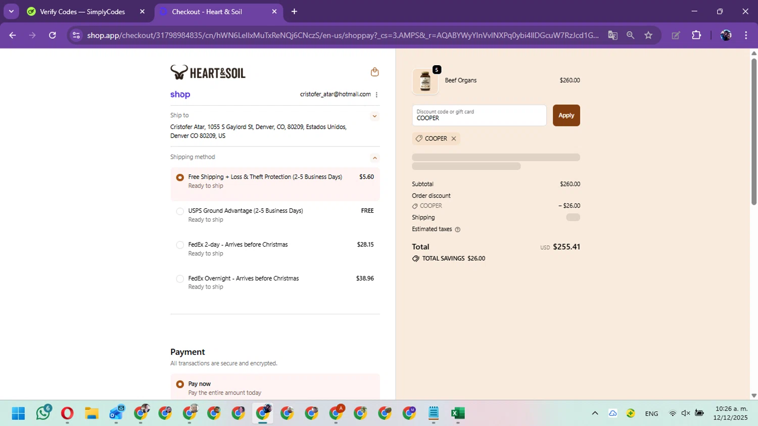 Heart & Soil promo code screenshot showing code COOPER applied at Heart & Soil checkout page. Uploaded by SimplyCodes community member Marielis on Dec 12, 2025