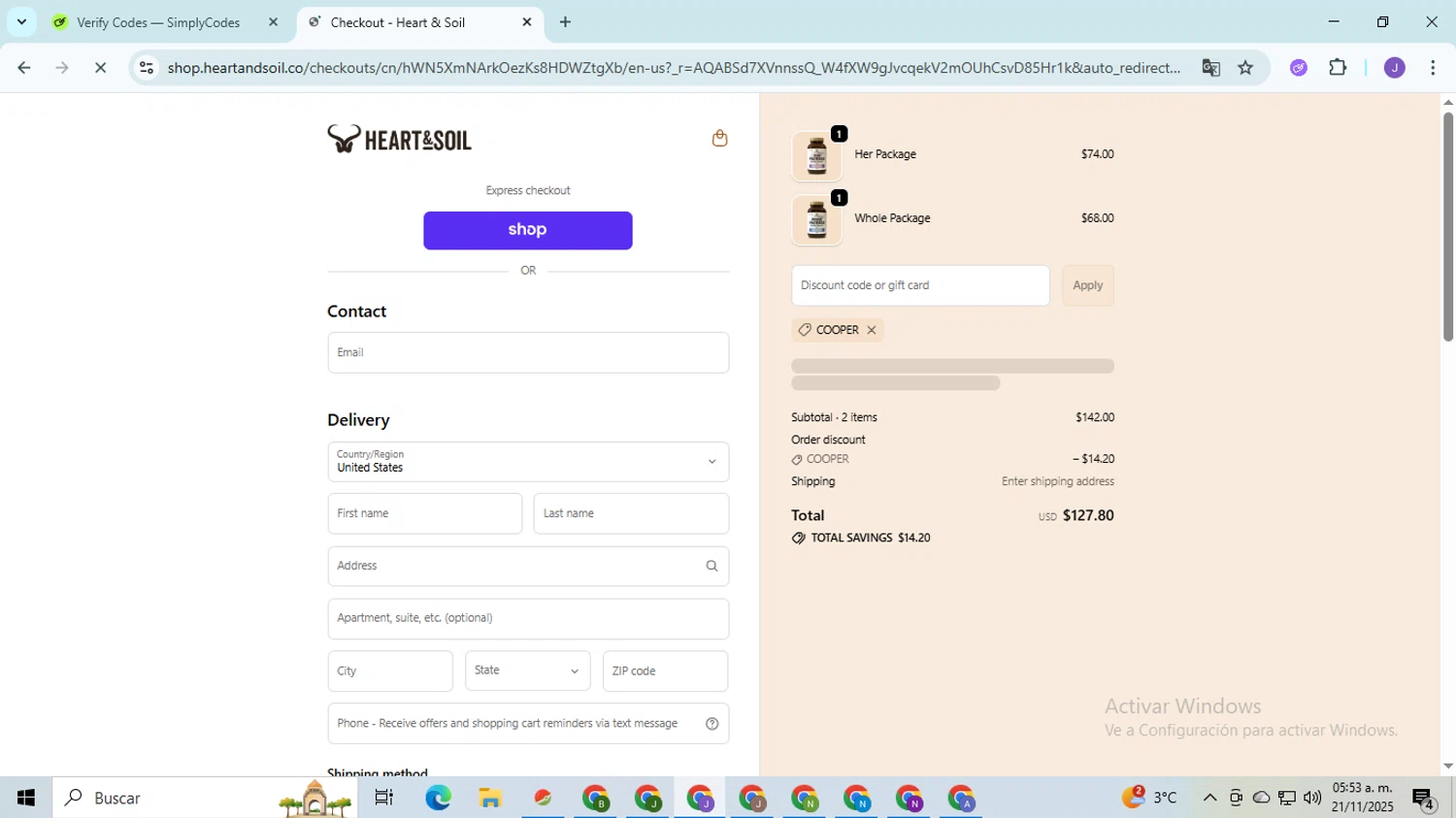 Heart & Soil promo code screenshot showing code COOPER applied at Heart & Soil checkout page. Uploaded by SimplyCodes community member PromoHunter9043 on Nov 21, 2025