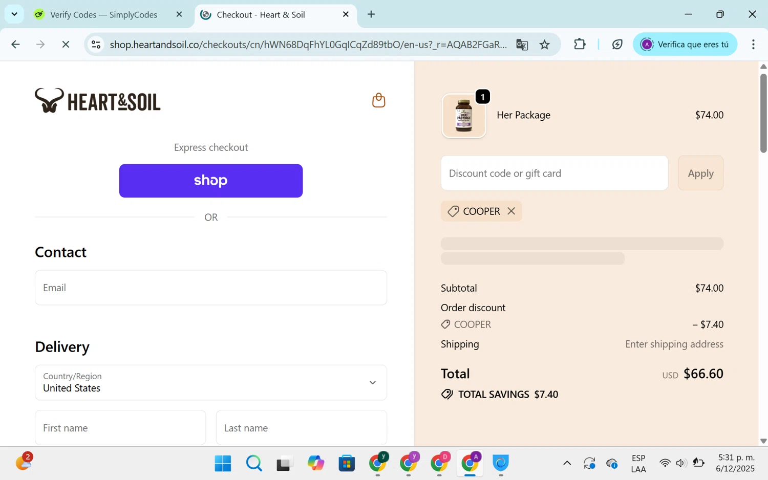 Heart & Soil promo code screenshot showing code COOPER applied at Heart & Soil checkout page. Uploaded by SimplyCodes community member SEANJOHN55 on Dec 6, 2025