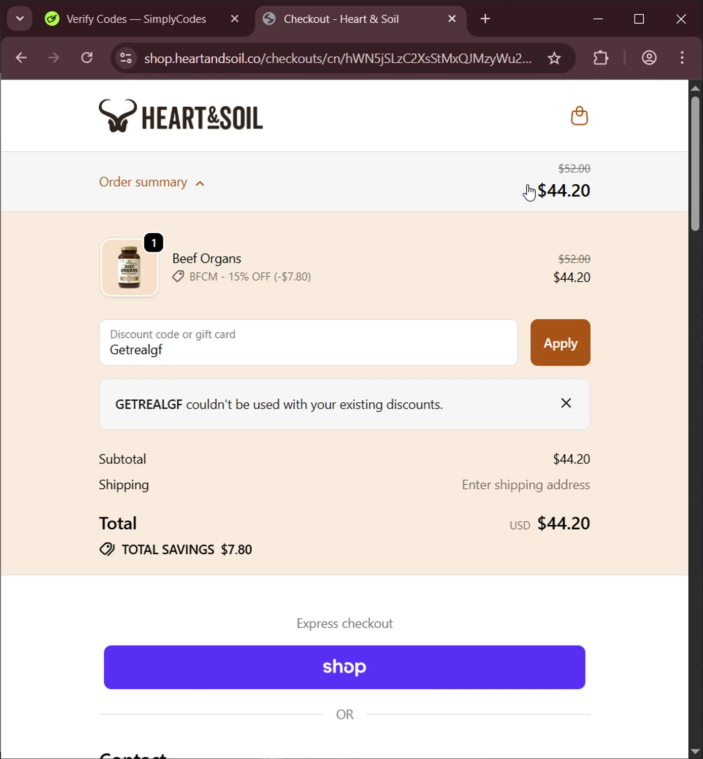 Heart & Soil promo code screenshot showing code Getrealgf applied at Heart & Soil checkout page. Uploaded by SimplyCodes community member LuckyNavigator1490 on Nov 26, 2025