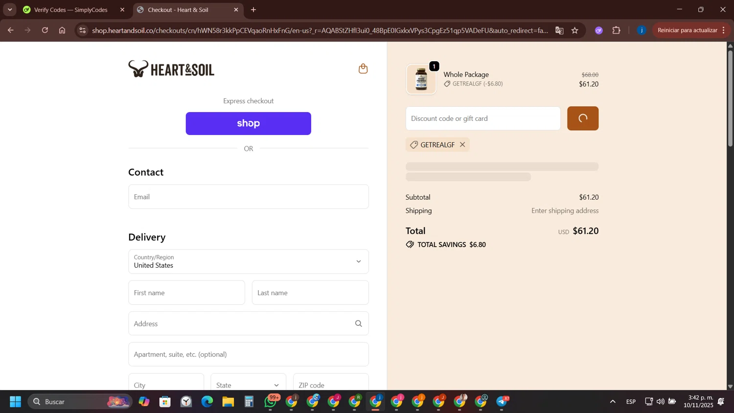 Heart & Soil promo code screenshot showing code Getrealgf applied at Heart & Soil checkout page. Uploaded by SimplyCodes community member yameteqdasai on Nov 10, 2025