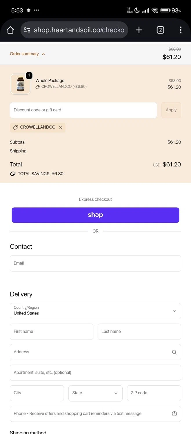 Heart & Soil promo code screenshot showing code Crowellandco applied at Heart & Soil checkout page. Uploaded by SimplyCodes community member Jutdcv on Nov 21, 2025