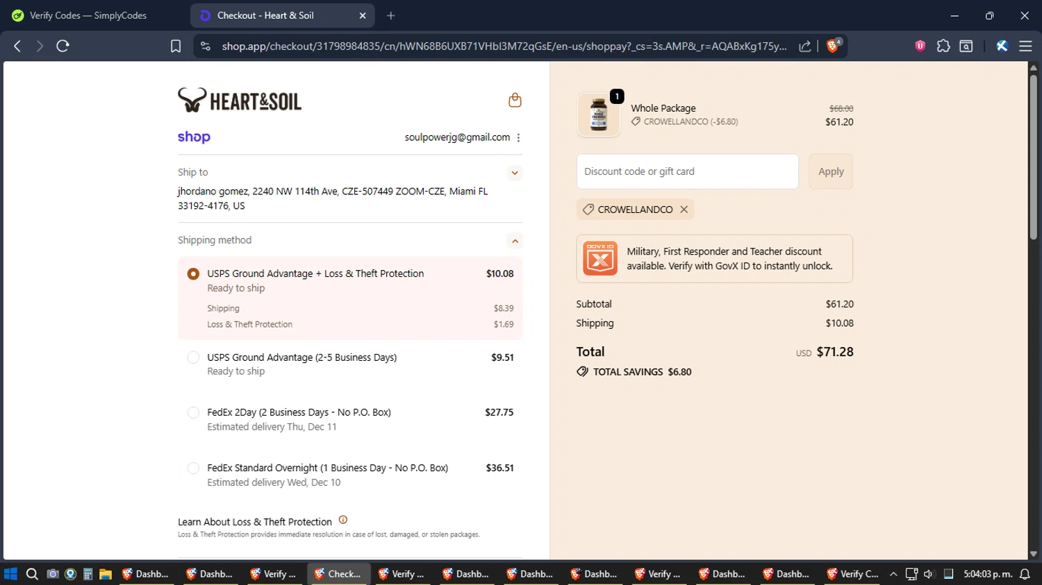 Heart & Soil promo code screenshot showing code Crowellandco applied at Heart & Soil checkout page. Uploaded by SimplyCodes community member ZoilaPerrita on Dec 6, 2025