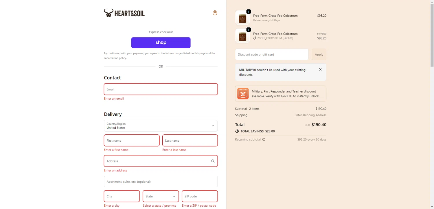 Heart & Soil checkout page showing Heart & Soil promo code box | Screenshot taken by SimplyCodes community member on Jan 4, 2026