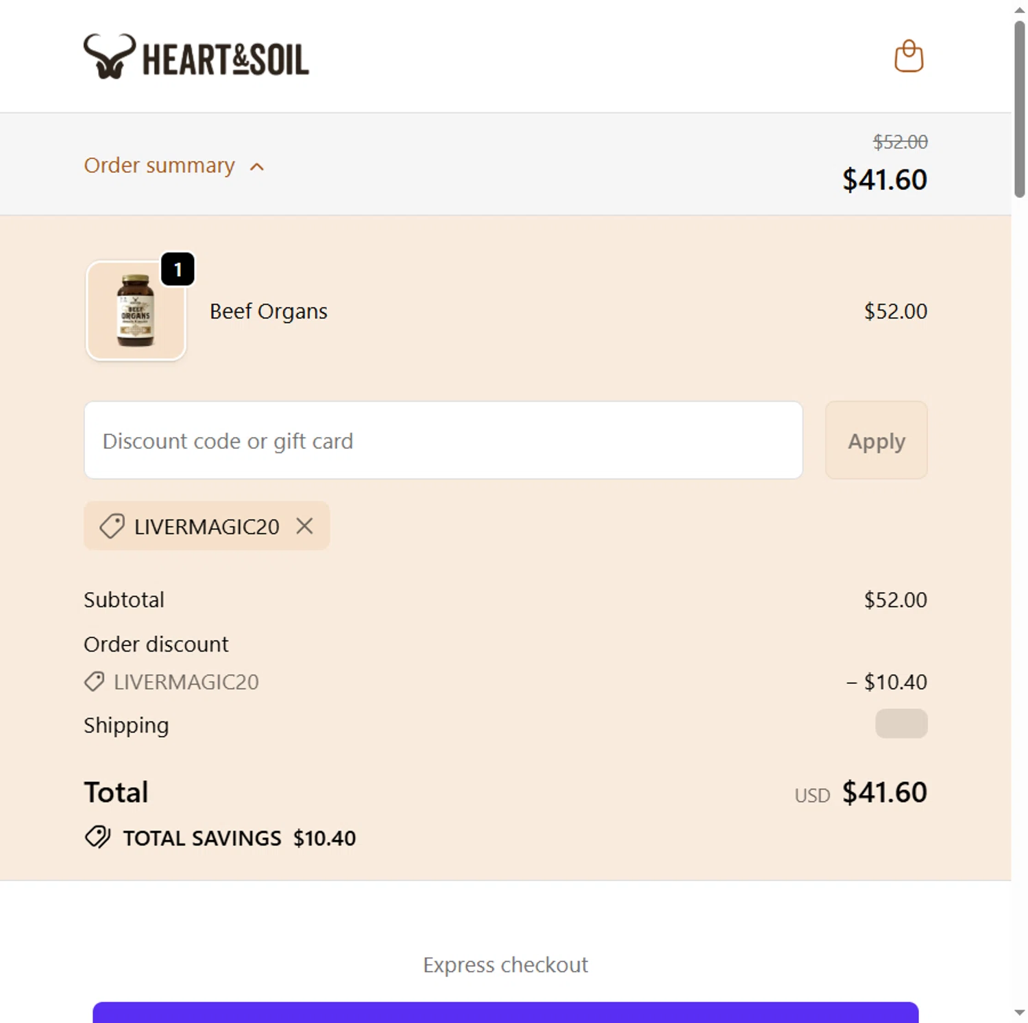 Heart & Soil promo code screenshot showing code LIVERMAGIC20 applied at Heart & Soil checkout page. Uploaded by SimplyCodes community member Beaaalmera on Dec 9, 2025