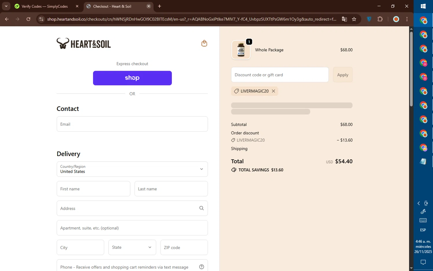 Heart & Soil promo code screenshot showing code LIVERMAGIC20 applied at Heart & Soil checkout page. Uploaded by SimplyCodes community member DealElite4728 on Nov 26, 2025