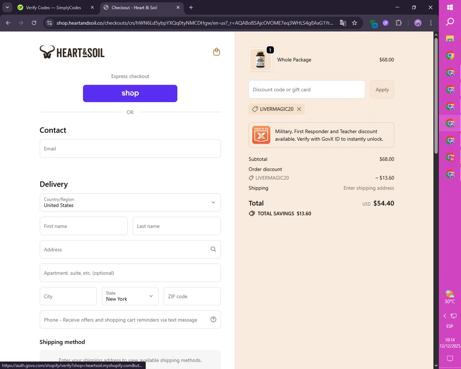 Heart & Soil promo code screenshot showing code LIVERMAGIC20 applied at Heart & Soil checkout page. Uploaded by SimplyCodes community member FortunateScholar4524 on Dec 12, 2025