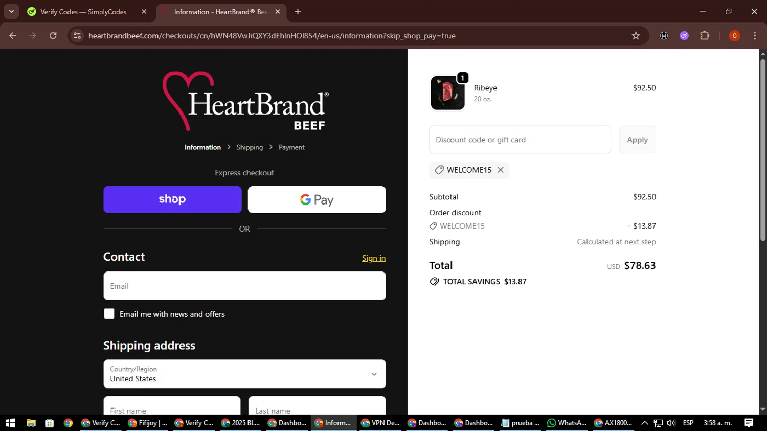 HeartBrand promo code screenshot showing code WELCOME15 applied at HeartBrand checkout page. Uploaded by SimplyCodes community member CleverSpotter3730 on Oct 15, 2025