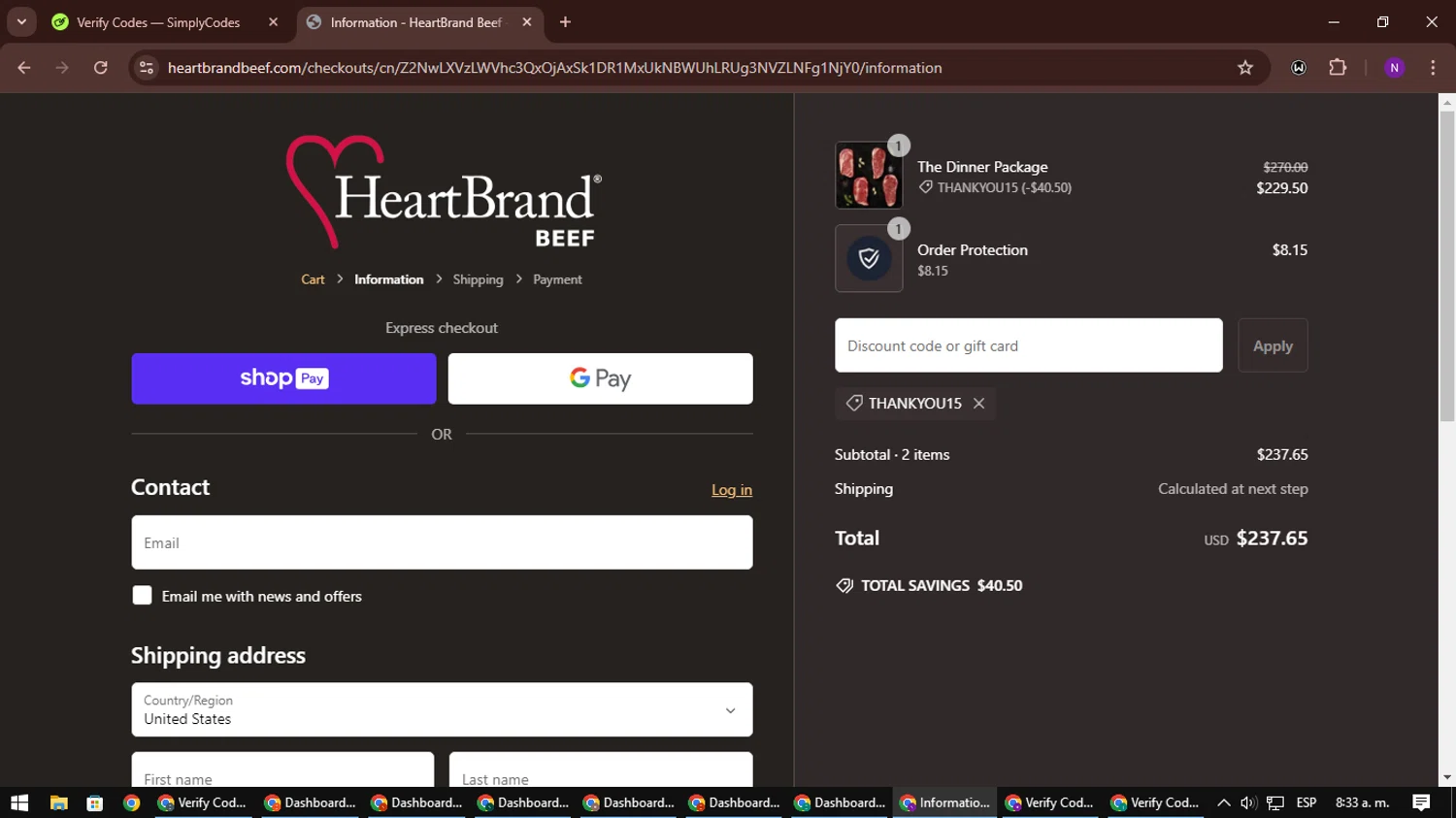 HeartBrand promo code screenshot showing code THANKYOU15 applied at HeartBrand checkout page. Uploaded by SimplyCodes community member NATAAAAAANAELCANO on Feb 18, 2025