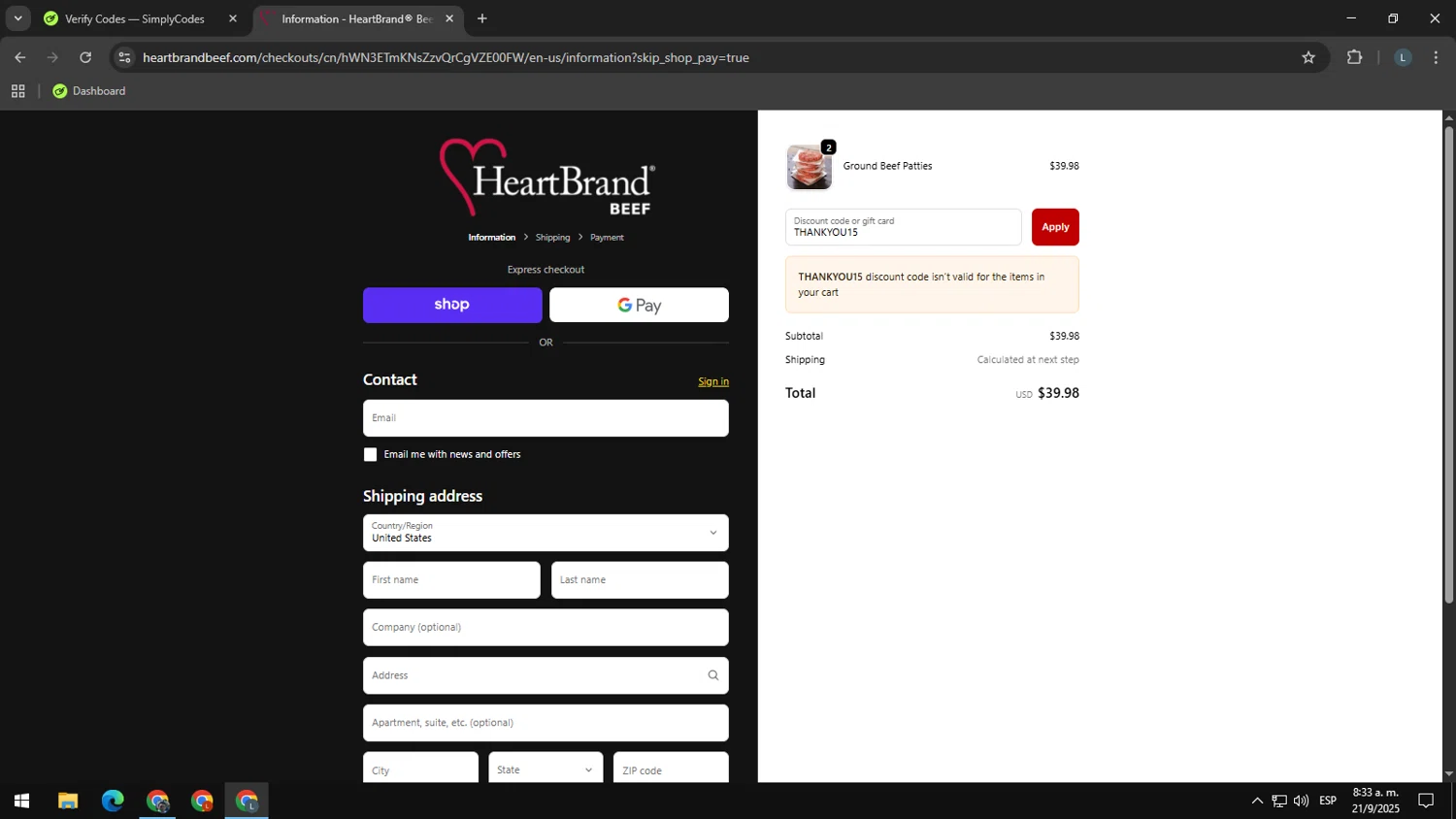 HeartBrand promo code screenshot showing code THANKYOU15 applied at HeartBrand checkout page. Uploaded by SimplyCodes community member RewardExpert2936 on Sep 21, 2025
