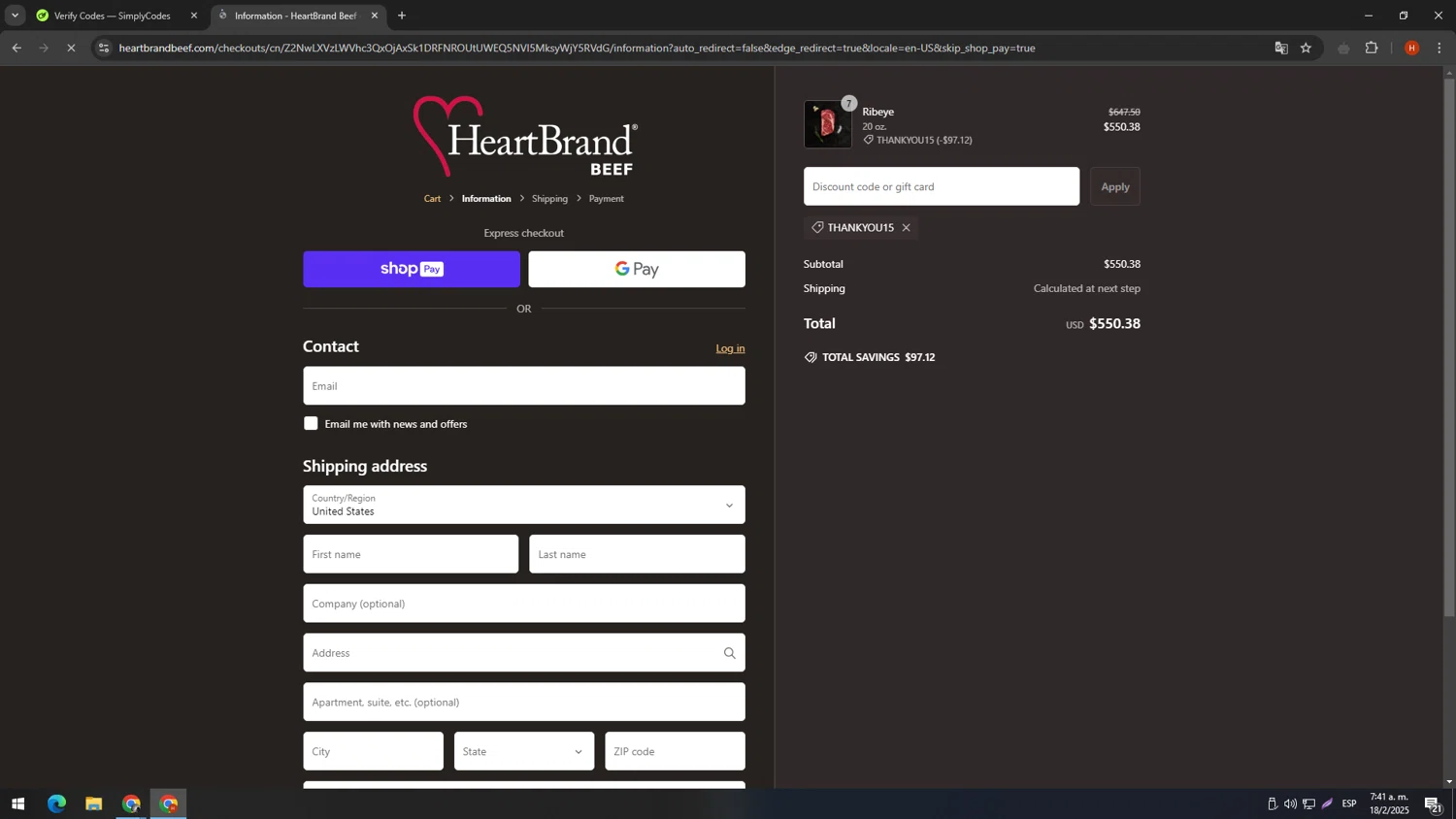 HeartBrand promo code screenshot showing code THANKYOU15 applied at HeartBrand checkout page. Uploaded by SimplyCodes community member elconsentido on Feb 18, 2025