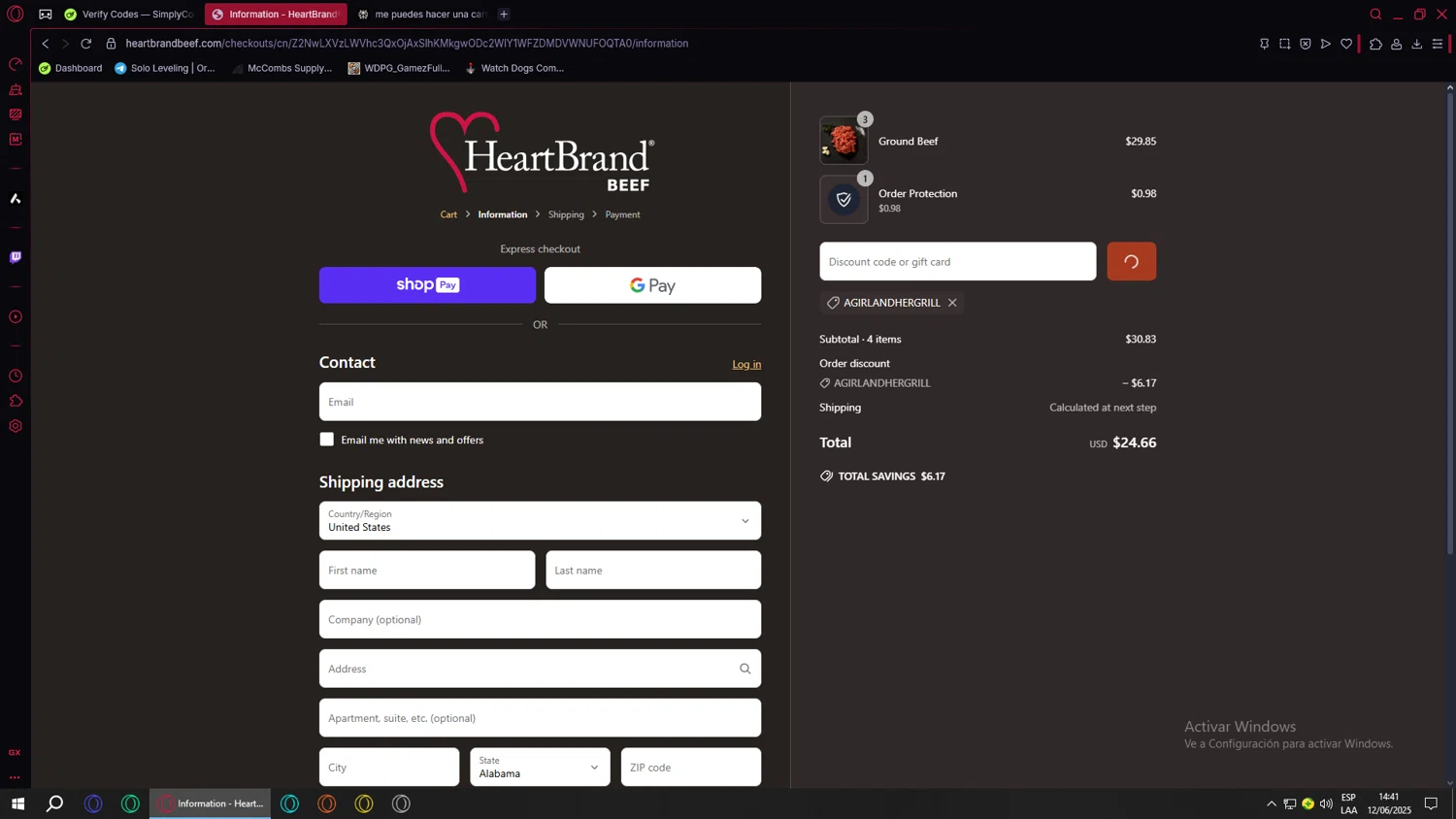 HeartBrand promo code screenshot showing code AGIRLANDHERGRILL applied at HeartBrand checkout page. Uploaded by SimplyCodes community member BANKAI on Jun 12, 2025