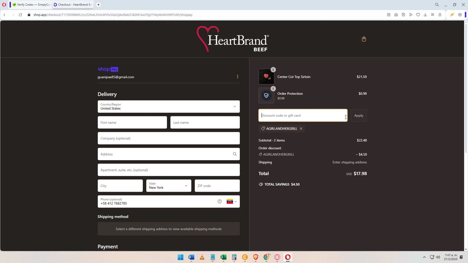 HeartBrand promo code screenshot showing code AGIRLANDHERGRILL applied at HeartBrand checkout page. Uploaded by SimplyCodes community member Darkosukaru on Feb 27, 2025