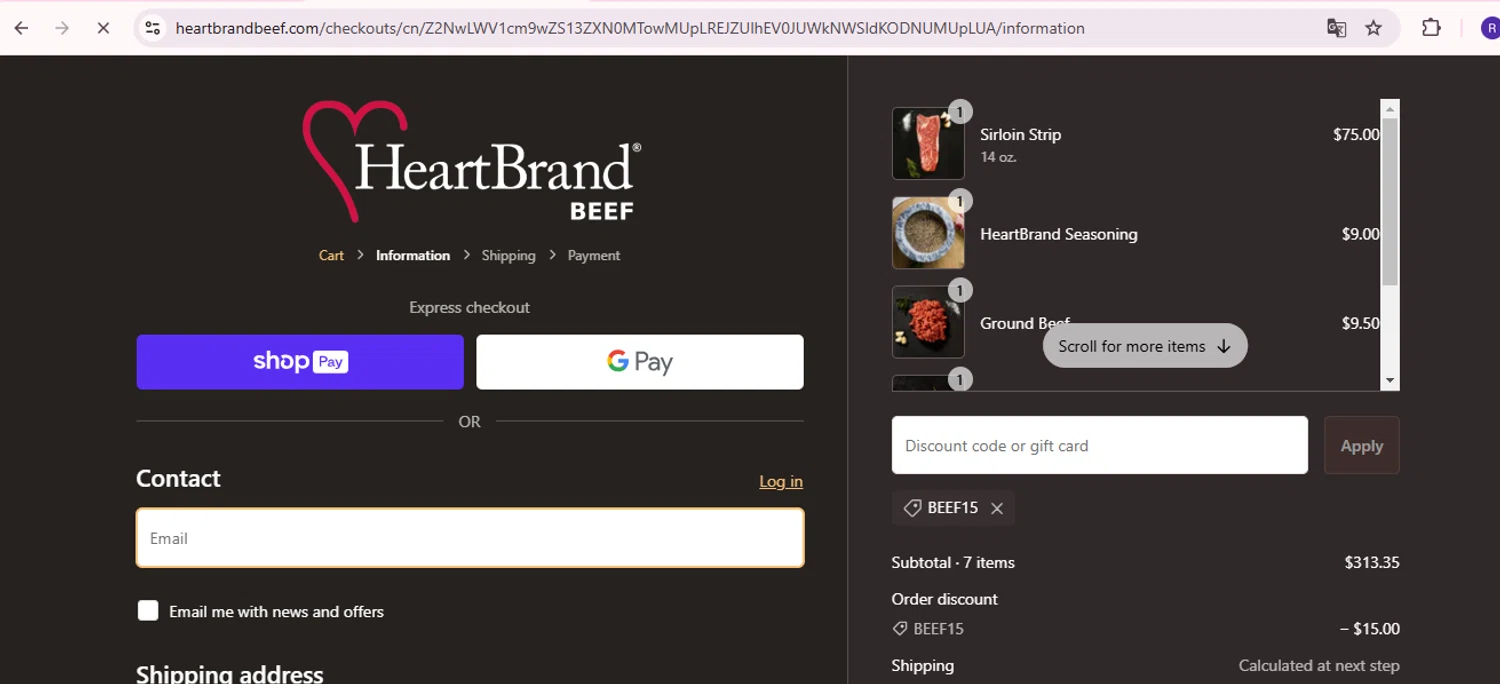 HeartBrand promo code screenshot showing code BEEF15 applied at HeartBrand checkout page. Uploaded by SimplyCodes community member zurdinha on Feb 6, 2025