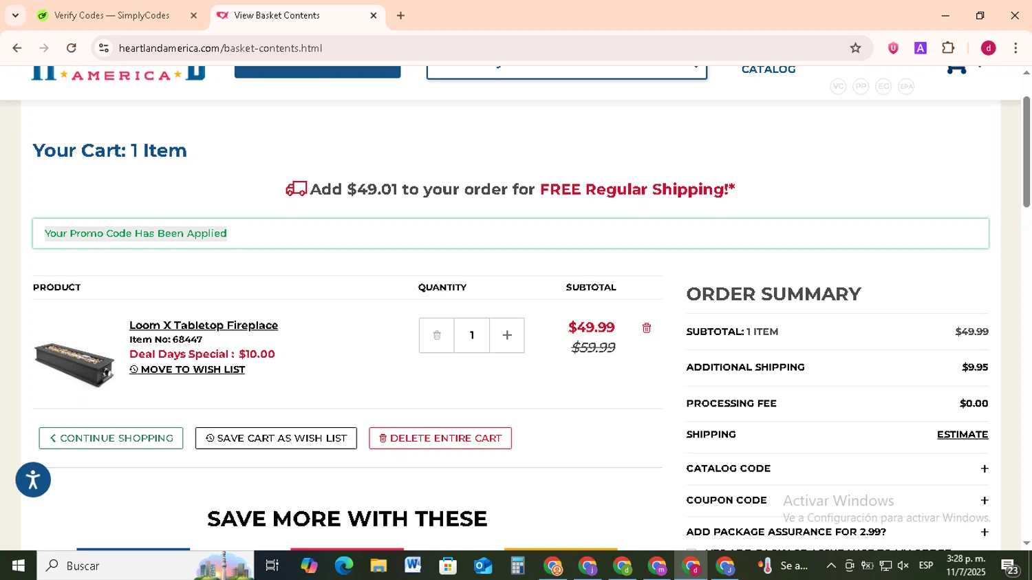 Heartland America coupon code screenshot showing code WPW61120 applied at Heartland America checkout page. Uploaded by SimplyCodes community member FrugalMonarch7277 on Jul 11, 2025