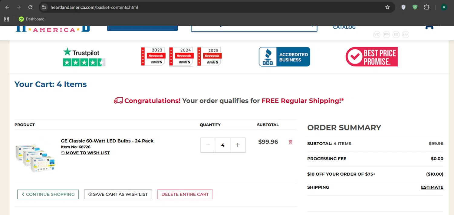 Heartland America checkout page showing Heartland America coupon code box | Screenshot taken by SimplyCodes community member on Dec 16, 2025