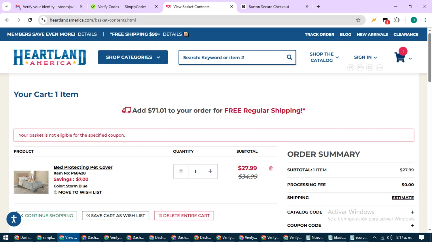 Heartland America coupon code screenshot showing code SAV10 applied at Heartland America checkout page. Uploaded by SimplyCodes community member SavvyCurator1770 on May 25, 2025