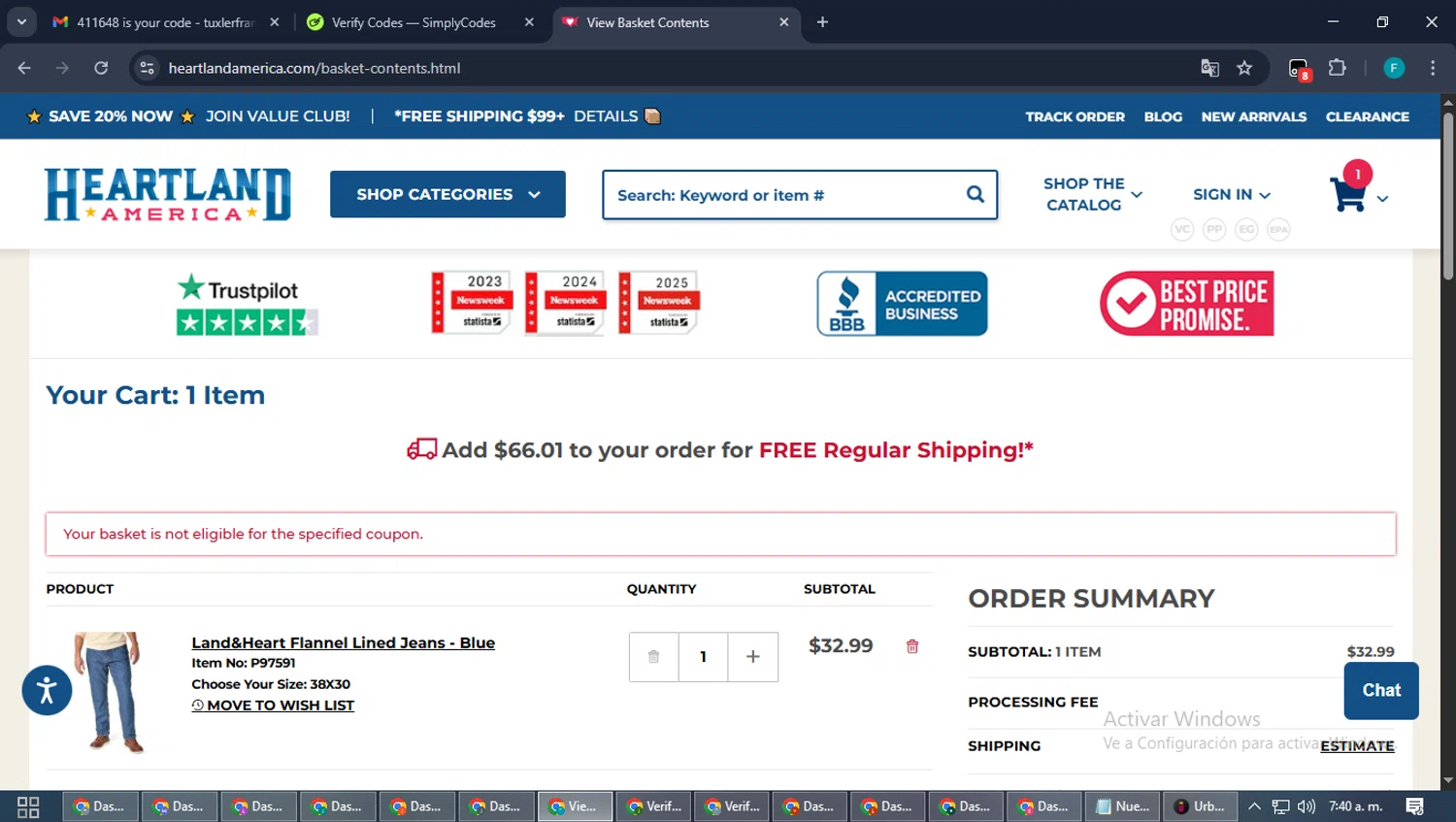 Heartland America coupon code screenshot showing code CARTFOR5 applied at Heartland America checkout page. Uploaded by SimplyCodes community member ShrewdTitan3233 on Nov 26, 2025