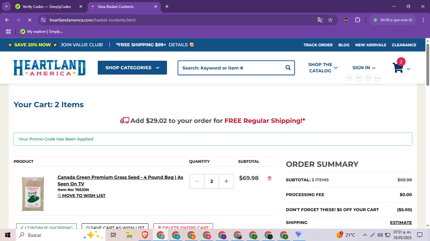 Heartland America coupon code screenshot showing code CARTFOR5 applied at Heartland America checkout page. Uploaded by SimplyCodes community member MoneySeeker8573 on May 10, 2025