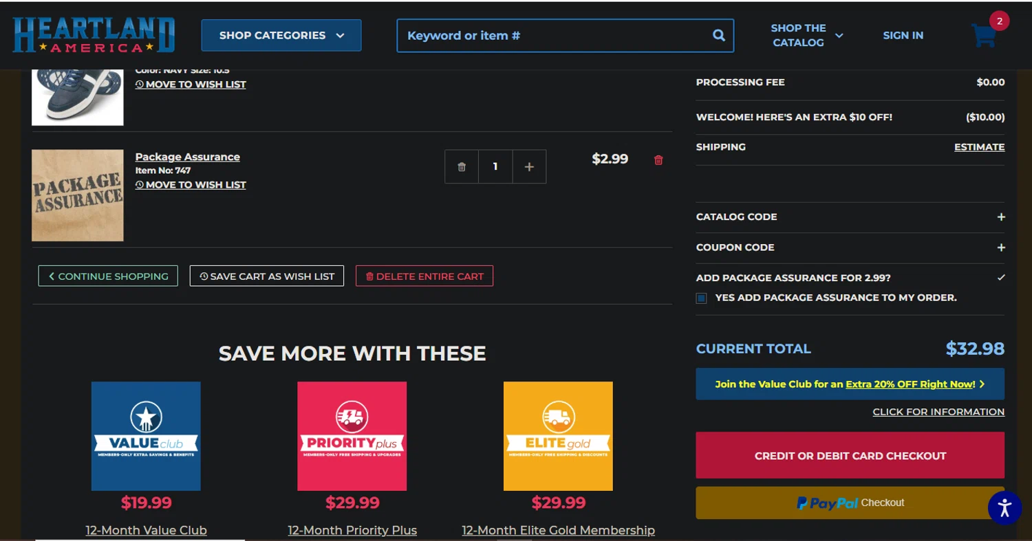 Heartland America coupon code screenshot showing code extra10 applied at Heartland America checkout page. Uploaded by SimplyCodes community member Pollofrito on Feb 23, 2025