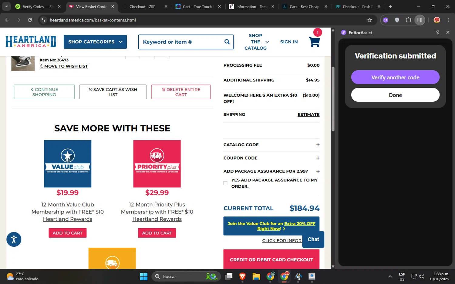 Heartland America coupon code screenshot showing code extra10 applied at Heartland America checkout page. Uploaded by SimplyCodes community member GloriousWizard5474 on Oct 10, 2025