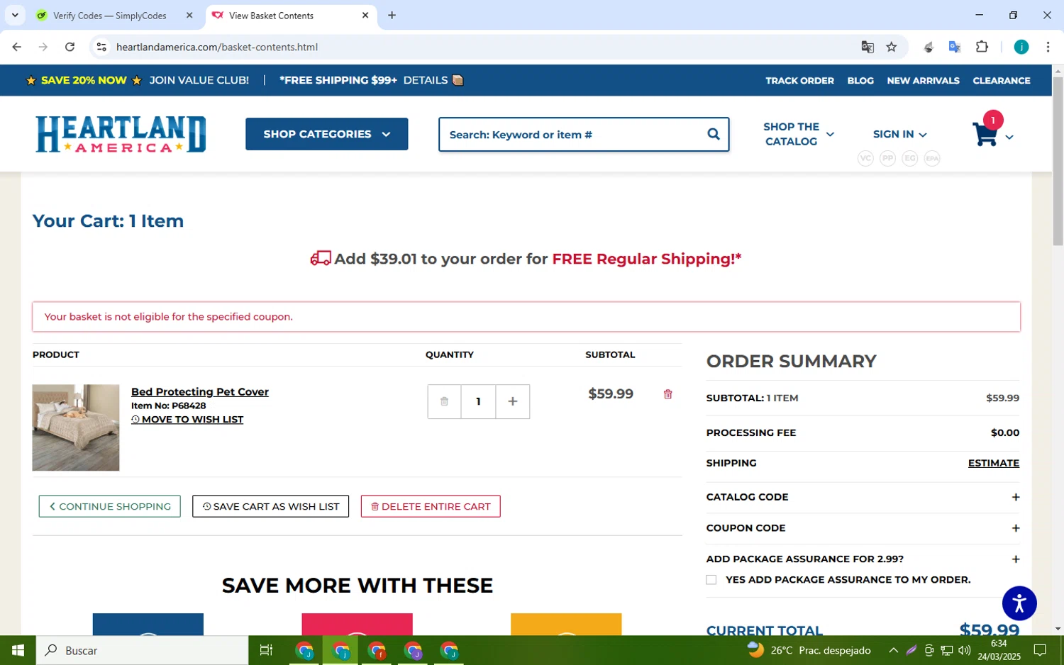 Heartland America coupon code screenshot showing code extra10 applied at Heartland America checkout page. Uploaded by SimplyCodes community member Juan_collug on Mar 24, 2025