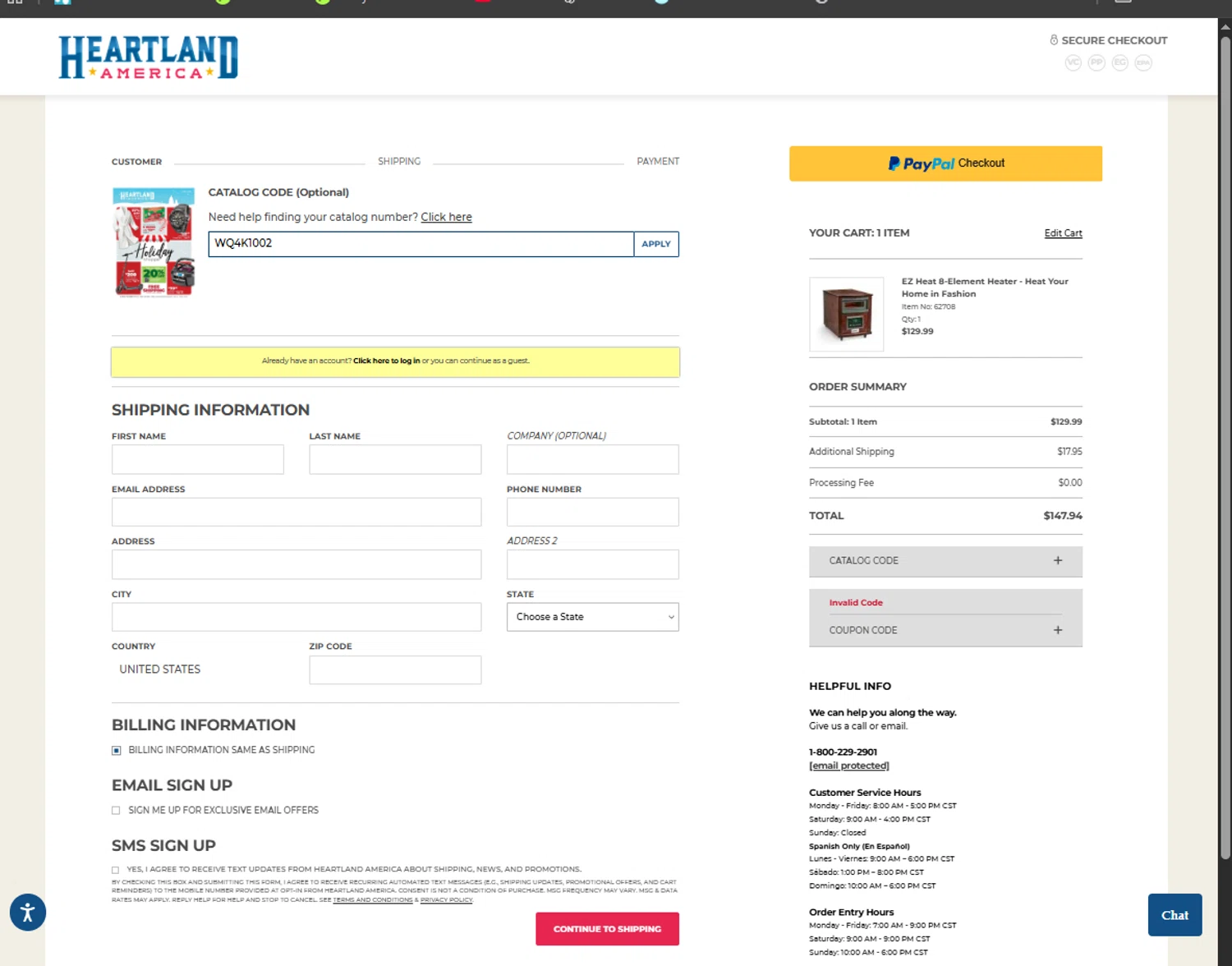 Heartland America checkout page showing Heartland America coupon code box | Screenshot taken by SimplyCodes community member on Nov 5, 2025