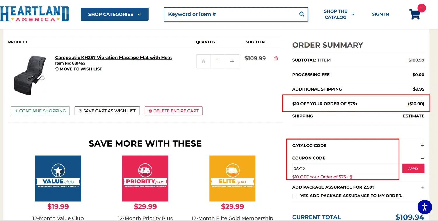 Heartland America coupon code screenshot showing code SAV10 applied at Heartland America checkout page. Uploaded by SimplyCodes community member jamesalbertstevens on Apr 26, 2025