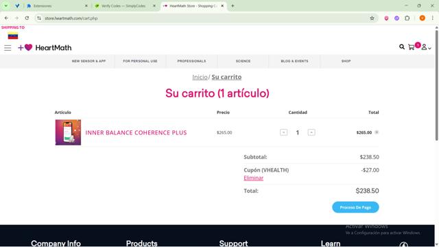 HeartMath checkout page showing HeartMath coupon code box | Screenshot taken by SimplyCodes community member on Sep 5, 2025