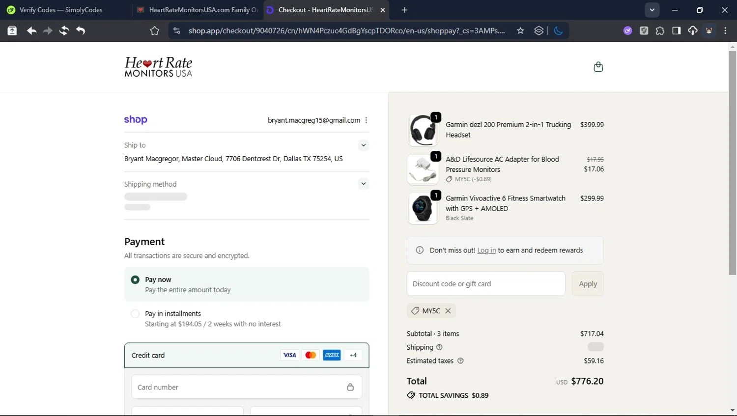 Heart Rate Monitors USA promo code screenshot showing code MY5C applied at Heart Rate Monitors USA checkout page. Uploaded by SimplyCodes community member BrilliantTitan6909 on Oct 22, 2025