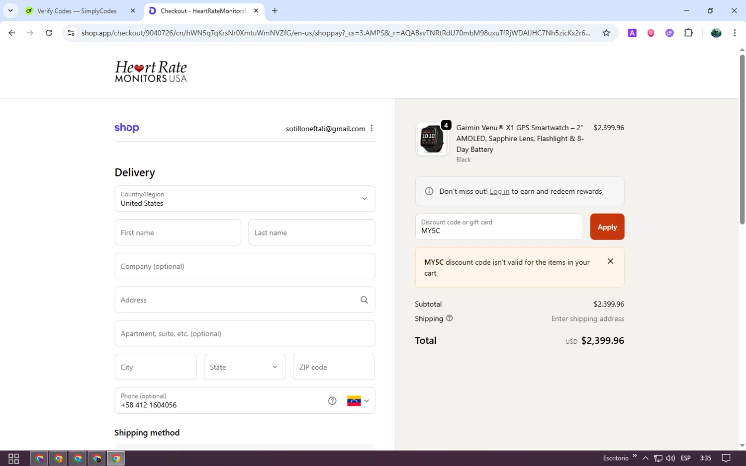 Heart Rate Monitors USA promo code screenshot showing code MY5C applied at Heart Rate Monitors USA checkout page. Uploaded by SimplyCodes community member neurioandrades on Nov 29, 2025