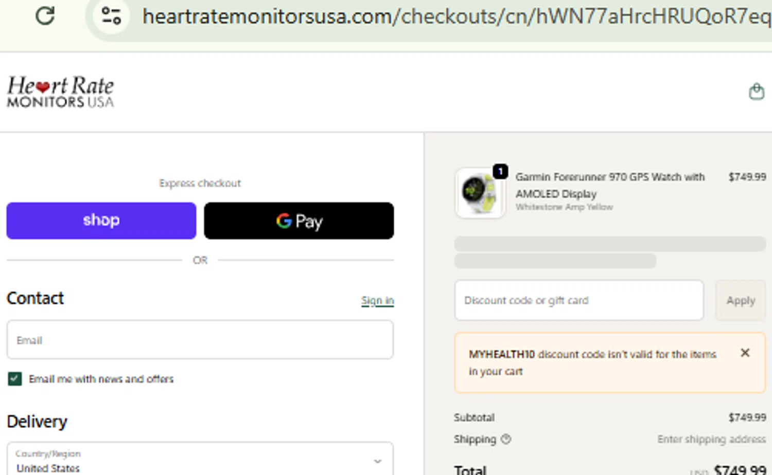 Heart Rate Monitors USA checkout page showing Heart Rate Monitors USA promo code box | Screenshot taken by SimplyCodes community member on Jan 1, 2026