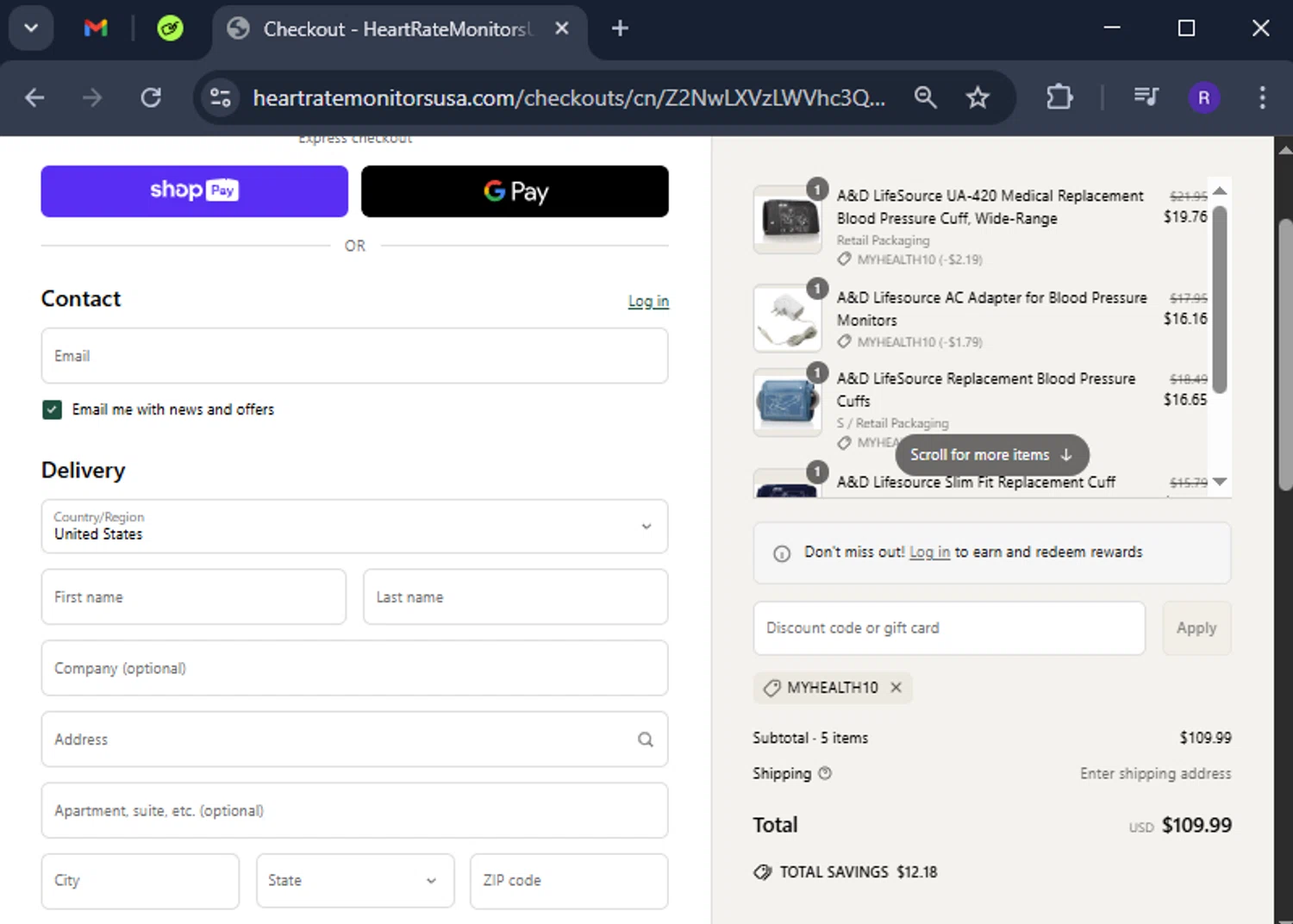 Heart Rate Monitors USA promo code screenshot showing code MYHEALTH10 applied at Heart Rate Monitors USA checkout page. Uploaded by SimplyCodes community member CashCollector4199 on Apr 25, 2025