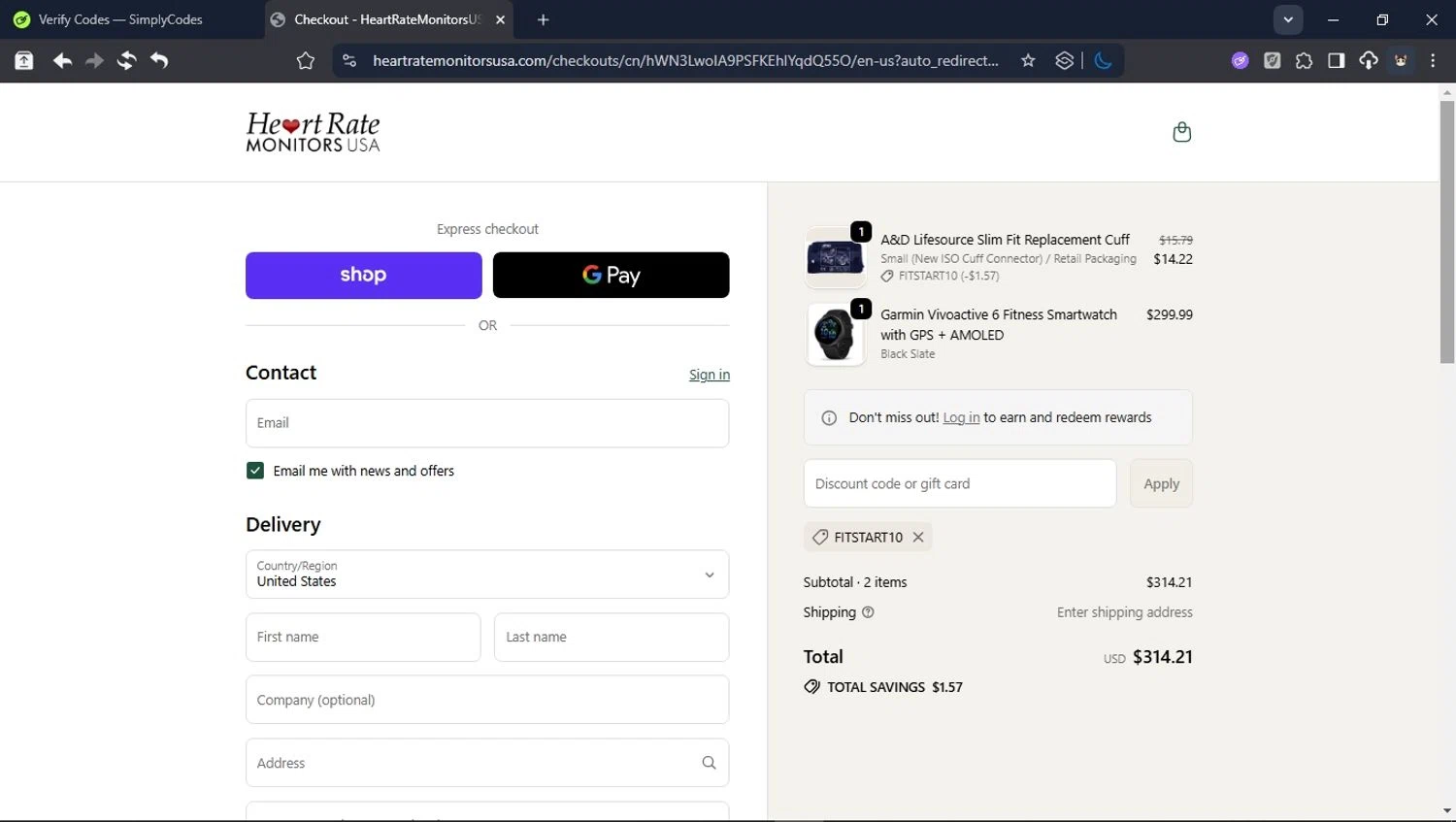 Heart Rate Monitors USA promo code screenshot showing code FITSTART10 applied at Heart Rate Monitors USA checkout page. Uploaded by SimplyCodes community member CleverPioneer8971 on Sep 24, 2025
