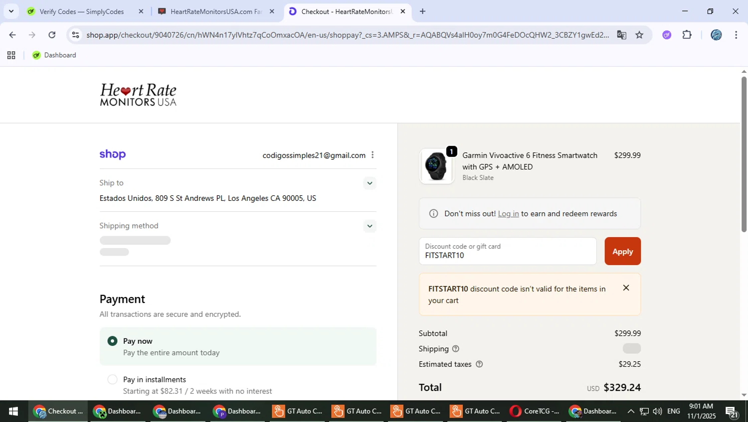Heart Rate Monitors USA promo code screenshot showing code FITSTART10 applied at Heart Rate Monitors USA checkout page. Uploaded by SimplyCodes community member PokeGOAT on Nov 1, 2025