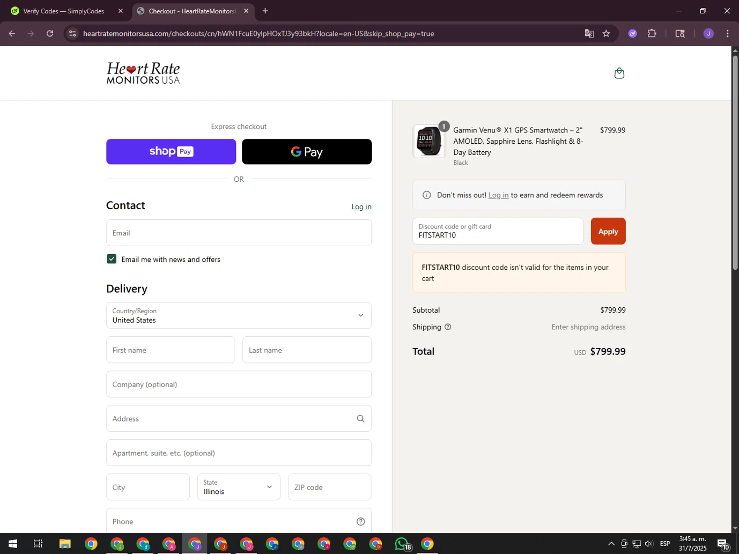 Heart Rate Monitors USA promo code screenshot showing code FITSTART10 applied at Heart Rate Monitors USA checkout page. Uploaded by SimplyCodes community member ValueHero2277 on Jul 31, 2025