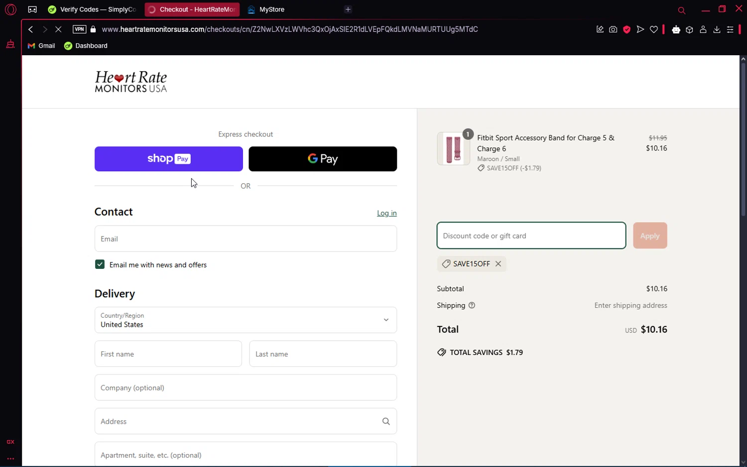 Heart Rate Monitors USA promo code screenshot showing code save15OFF applied at Heart Rate Monitors USA checkout page. Uploaded by SimplyCodes community member VoucherAce8469 on Mar 25, 2025