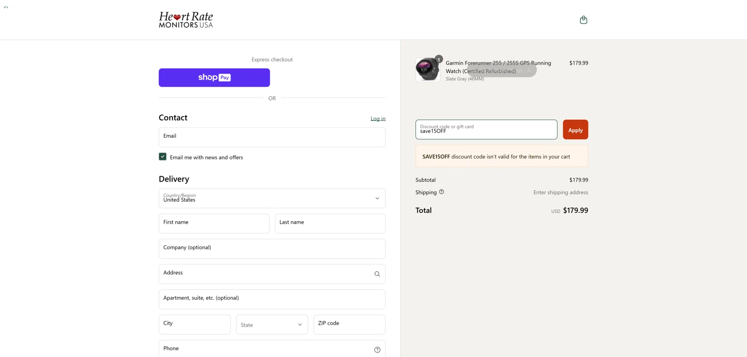 Heart Rate Monitors USA promo code screenshot showing code save15OFF applied at Heart Rate Monitors USA checkout page. Uploaded by SimplyCodes community member EpicEagle816 on Apr 2, 2025