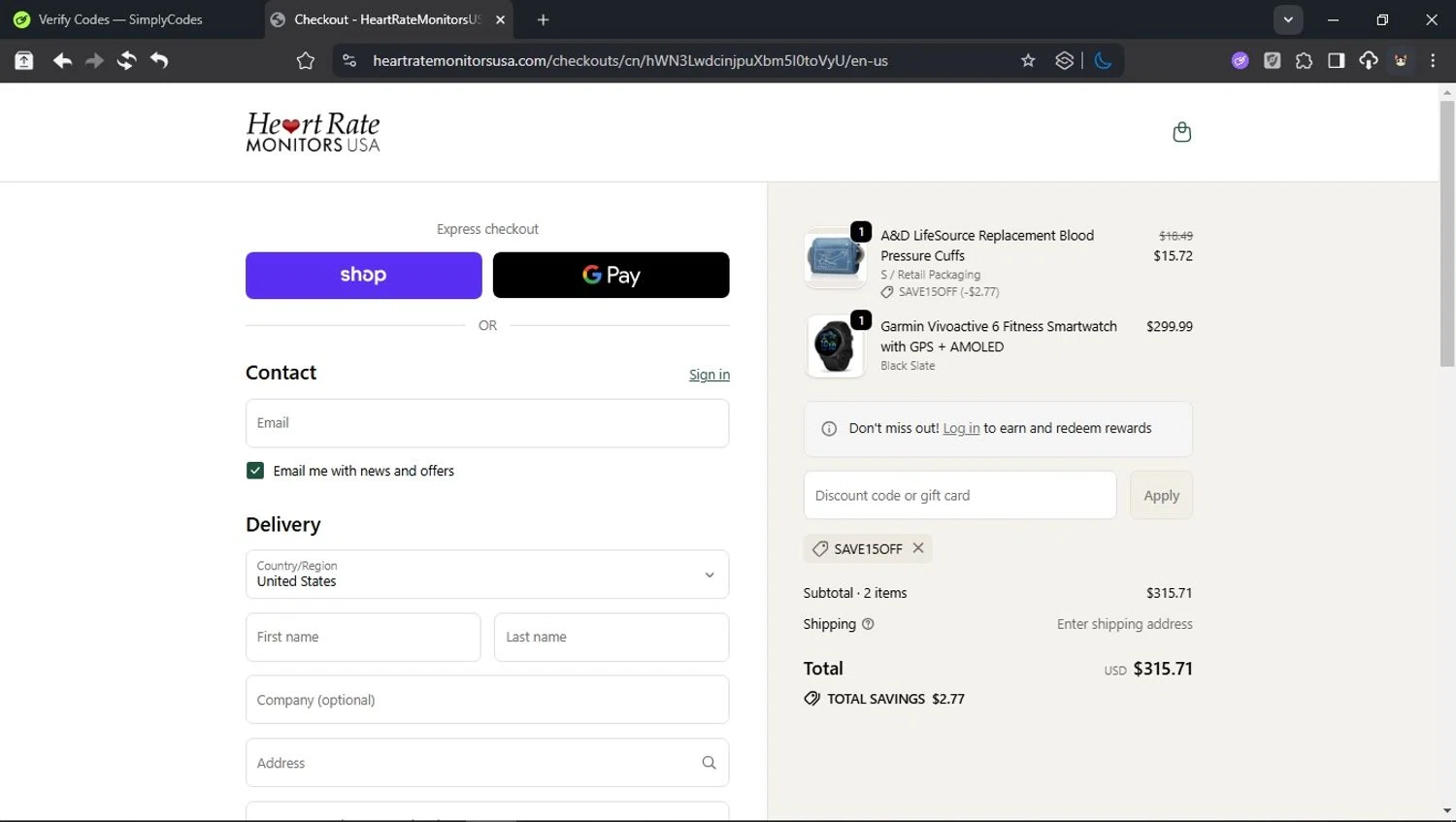 Heart Rate Monitors USA promo code screenshot showing code save15OFF applied at Heart Rate Monitors USA checkout page. Uploaded by SimplyCodes community member domain on Sep 24, 2025