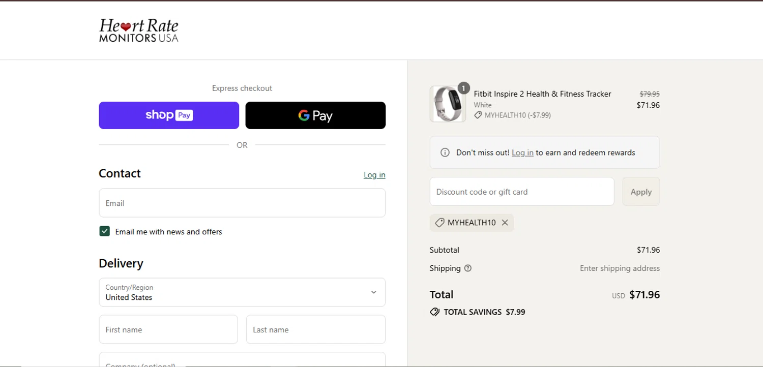 Heart Rate Monitors USA promo code screenshot showing code MYHEALTH10 applied at Heart Rate Monitors USA checkout page. Uploaded by SimplyCodes community member juanisaac on Jul 10, 2025
