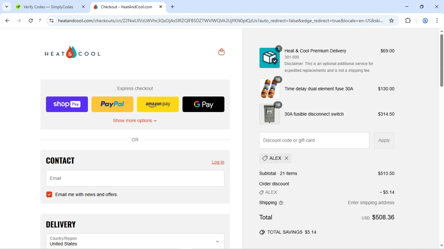 HeatAndCool promo code screenshot showing code ALEX applied at HeatAndCool checkout page. Uploaded by SimplyCodes community member Dizlike on May 11, 2025