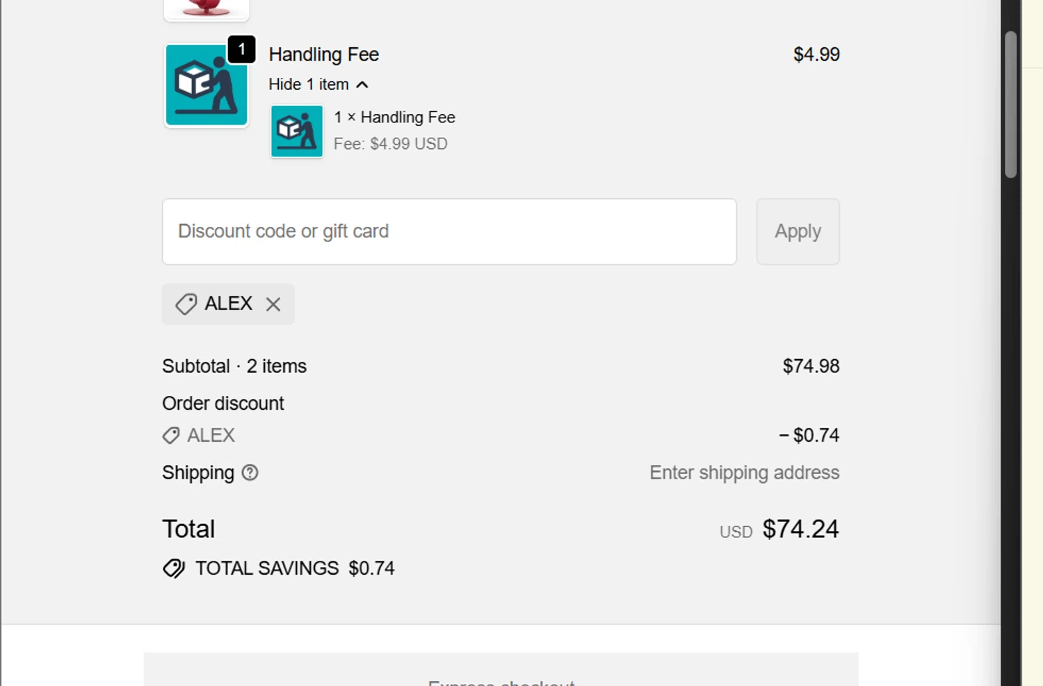 HeatAndCool promo code screenshot showing code ALEX applied at HeatAndCool checkout page. Uploaded by SimplyCodes community member GoldLynx7797 on Nov 27, 2025