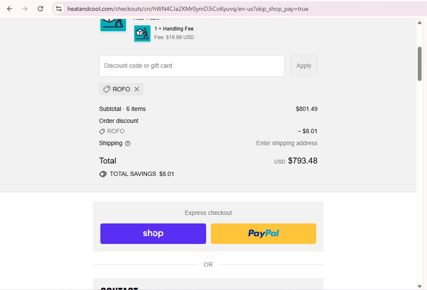 HeatAndCool promo code screenshot showing code ROFO applied at HeatAndCool checkout page. Uploaded by SimplyCodes community member PromoExpert5262 on Oct 16, 2025