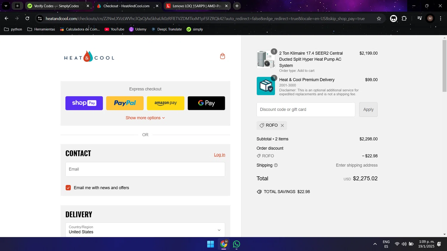 HeatAndCool promo code screenshot showing code ROFO applied at HeatAndCool checkout page. Uploaded by SimplyCodes community member Maocar on Jan 19, 2025