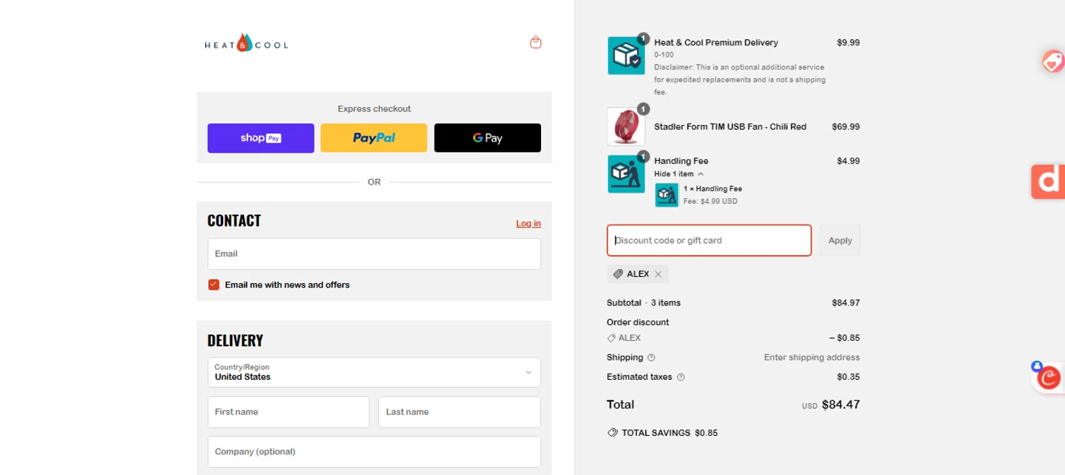 HeatAndCool promo code screenshot showing code ALEX applied at HeatAndCool checkout page. Uploaded by SimplyCodes community member ESTHER3121 on Jun 6, 2025
