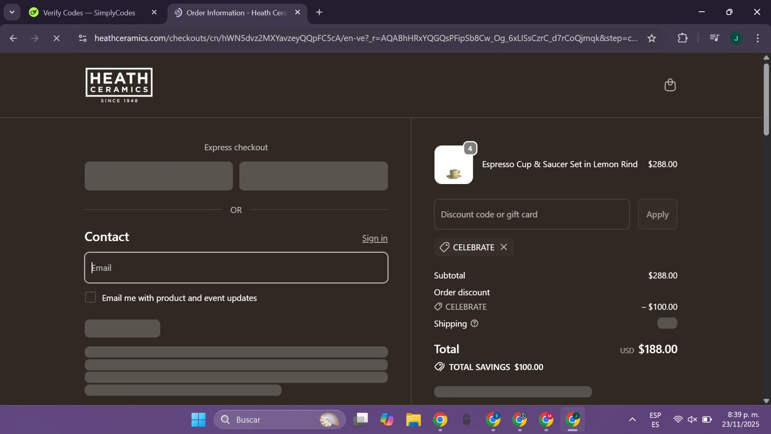 Heath Ceramics discount code screenshot showing code CELEBRATE applied at Heath Ceramics checkout page. Uploaded by SimplyCodes community member CleverElite8110 on Nov 24, 2025