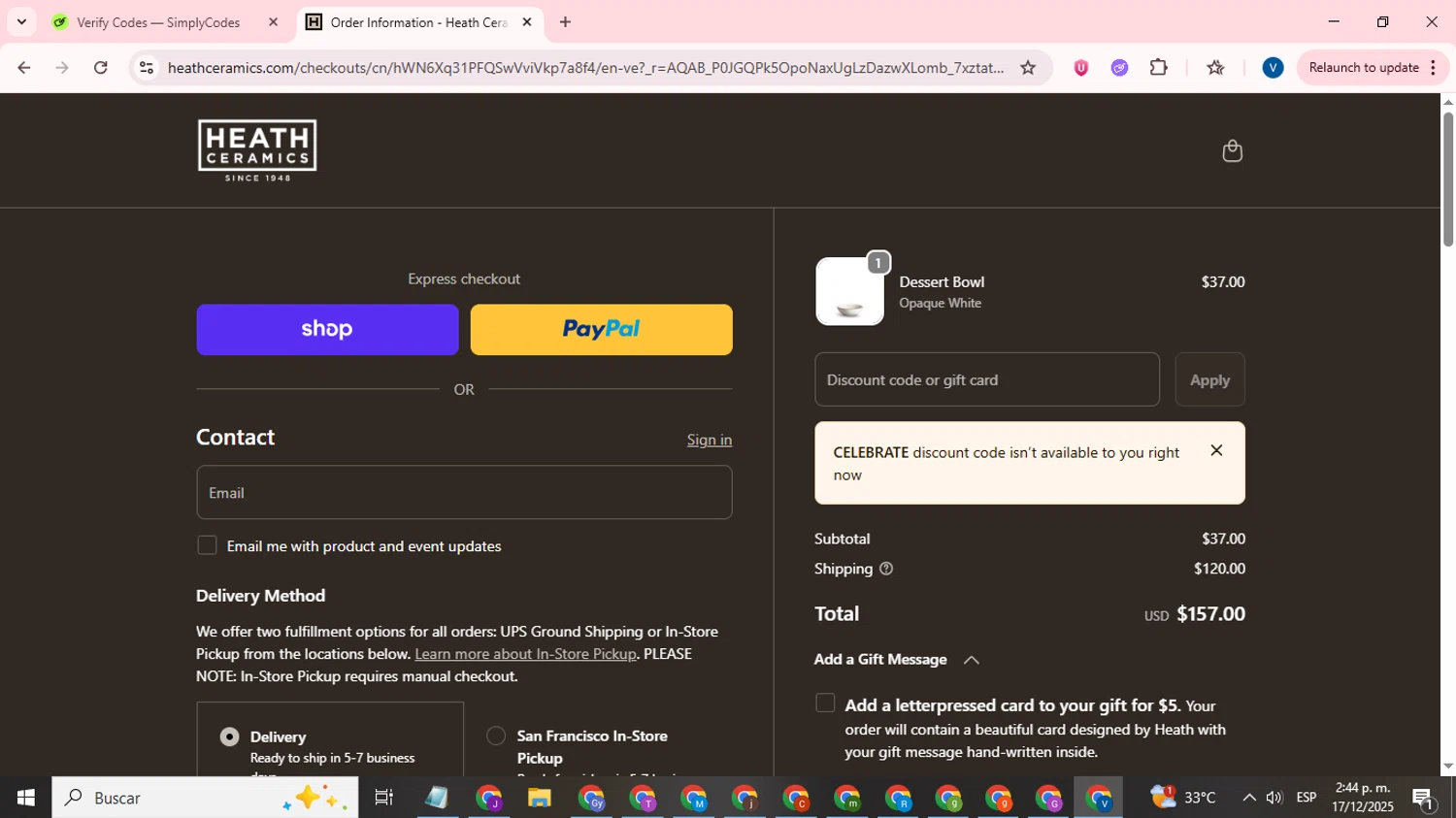 Heath Ceramics discount code screenshot showing code CELEBRATE applied at Heath Ceramics checkout page. Uploaded by SimplyCodes community member CrownTitan5376 on Dec 17, 2025