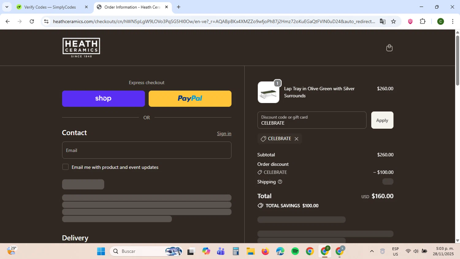 Heath Ceramics discount code screenshot showing code CELEBRATE applied at Heath Ceramics checkout page. Uploaded by SimplyCodes community member VoucherBoss6971 on Nov 28, 2025