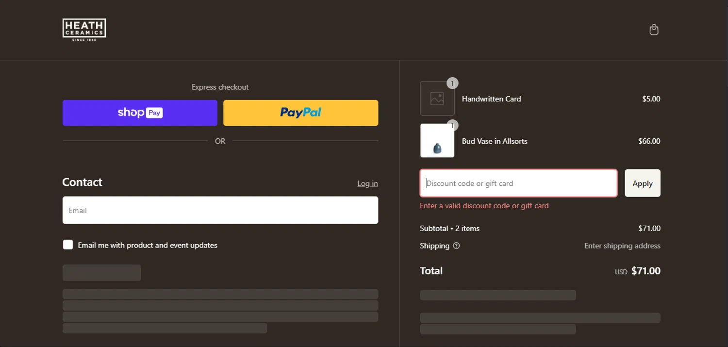 Heath Ceramics discount code screenshot showing code CLEAN10 applied at Heath Ceramics checkout page. Uploaded by SimplyCodes community member VoucherSleuth8988 on Dec 28, 2024